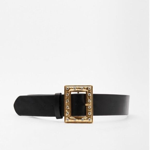 ZARA RHINESTONE GOLDEN SQUARE BUCKLE BLACK BELT - Picture 3 of 3